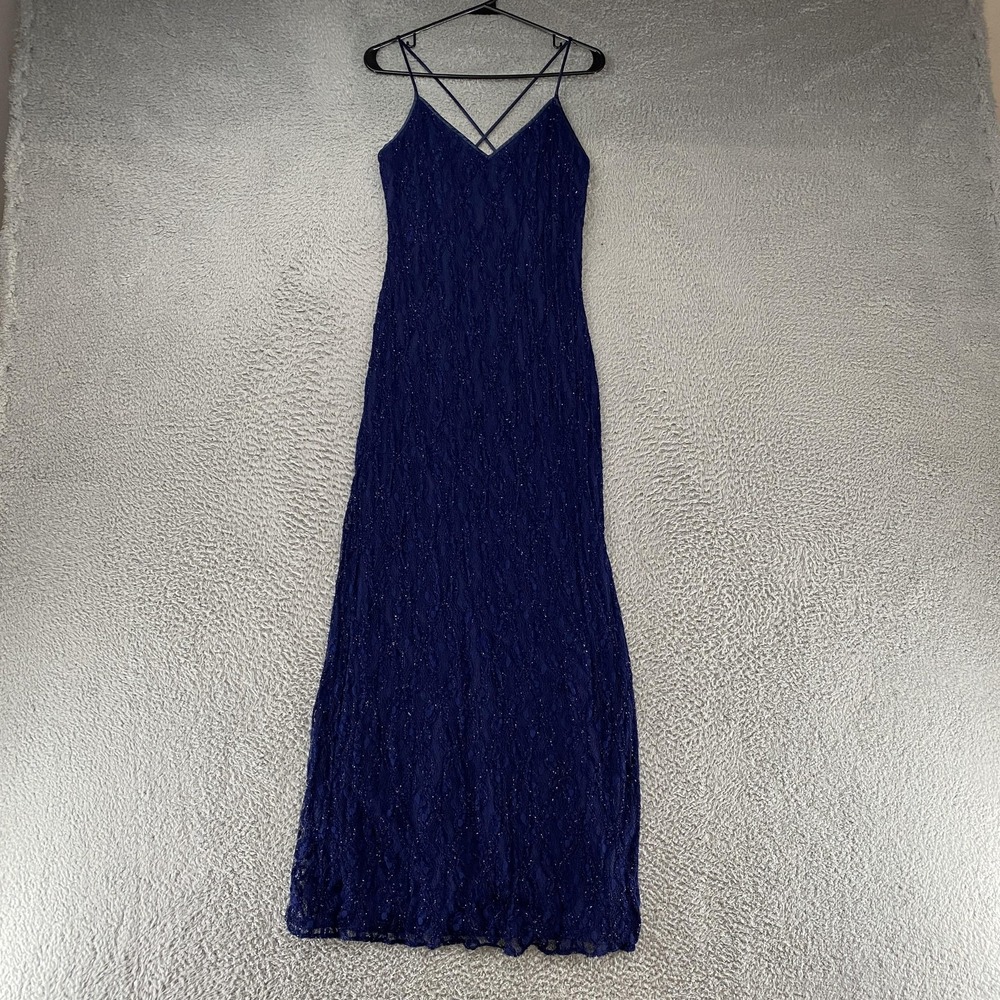 Vintage Reggio Dress Womens 10 Navy Metallic Lace Prom‎ 90s Gown Y2K